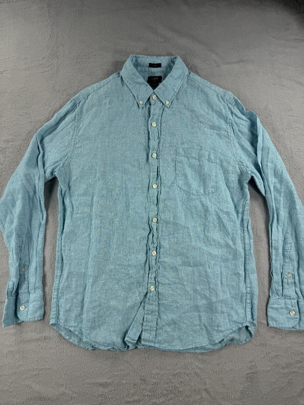 J Crew Mens Large Slim Fit Linen Button Down Shirt Long Sleeve Blue Casual